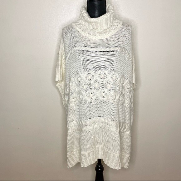 Loft Poncho Sweater Cable Knit Turtleneck Tunic Acrylic Ivory Size Medium Large - Picture 1 of 10